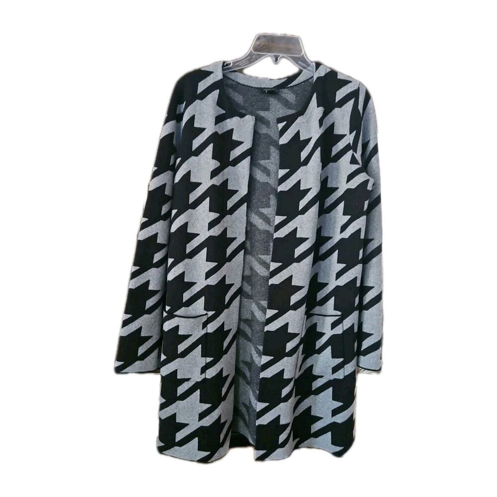 Ann Taylor Coat Cardigan Small Open Black Gray Houndstooth Cotton Blend
